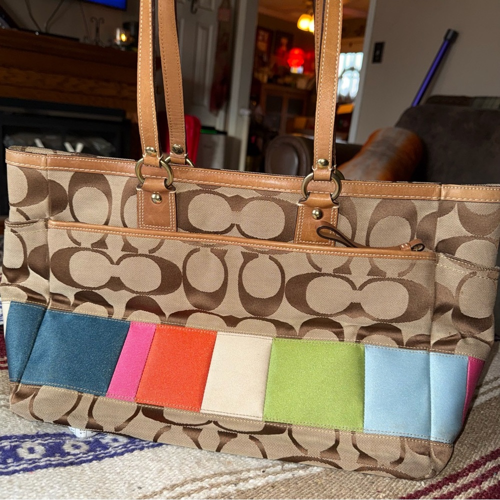 Coach Signature Brown Diaper Tote Bag with Colorful Patchwork